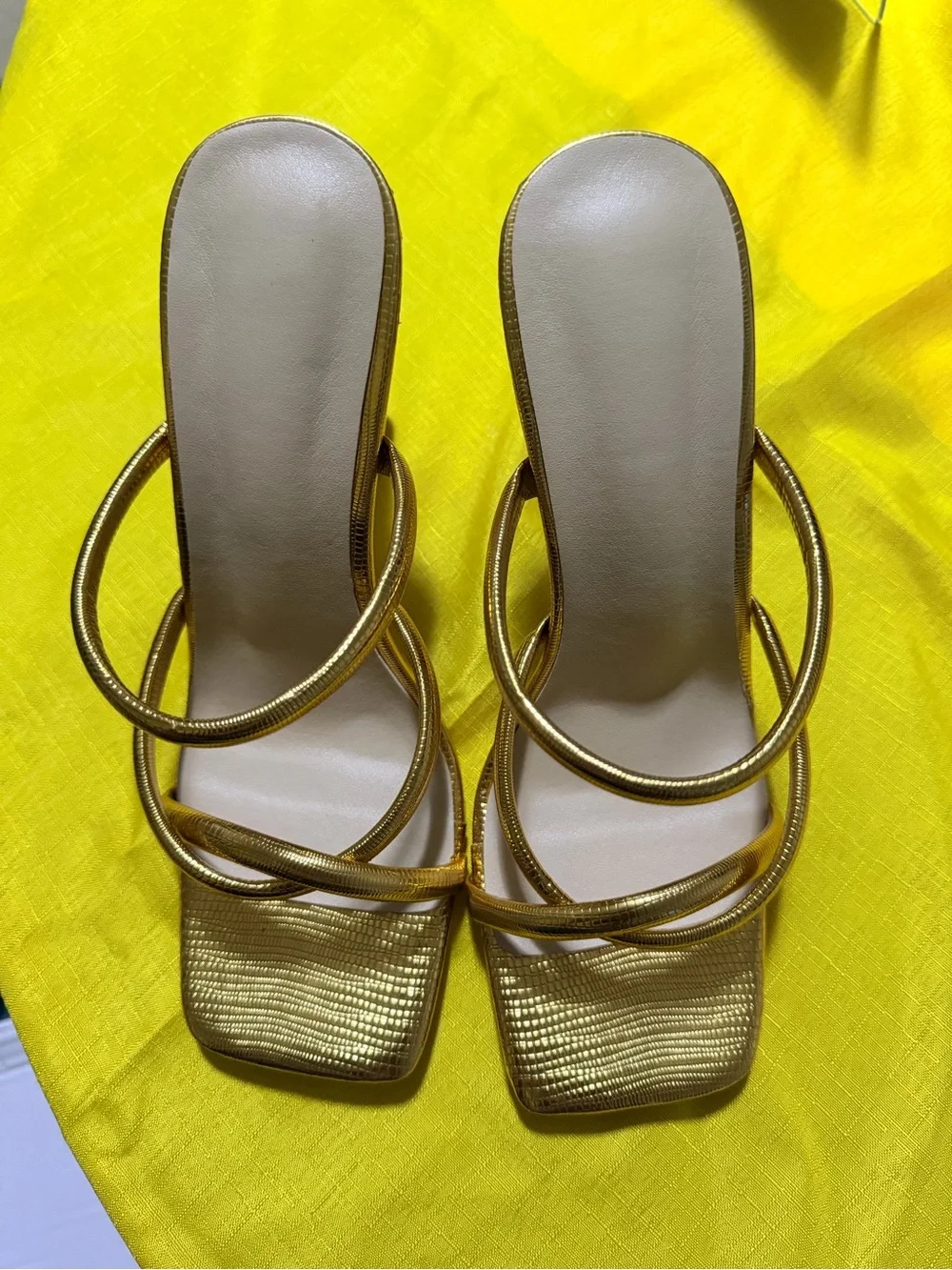 Gold Strappy Square-Toe Women's Heeled Sandals